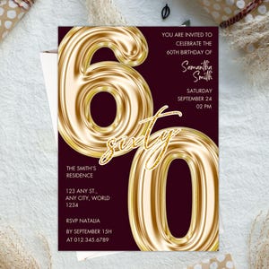 Editable 60th Birthday Invitation Card Elegant 60th Birthday Party Classic and Modern 60th Birthday Card Gold Embossed PXHER12
