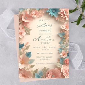 Editable Floral 1st Birthday Invitation Card Floral Wild Flower Birthday Card Party Invite Garden Party Any Age Birthday Invitation PXHER13