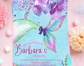 Invitación editable para el séptimo cumpleaños de una niña sirena / Fiesta de princesas marinas / Diseño rosa, morado y aguamarina para niñas de siete años PXHER91