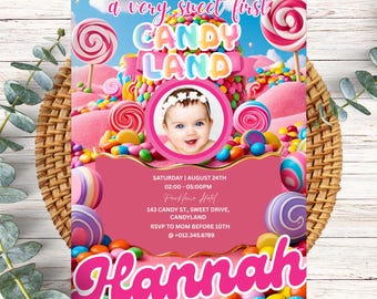 Candyland Geburtstagseinladung, bearbeitbar und druckbar Candyland Party einladen für Mädchen, süßes Candy-Thema Digitale Einladung, Geburtstag PXHER43