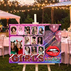 Puede incluir: Un letrero rosa de Girls Night con fotos de mujeres, globos y labios rojos. El letrero está decorado con gorros de Papá Noel y las palabras "GIRLS NIGHT" en una fuente festiva. El letrero se exhibe en un caballete de madera.