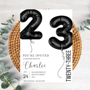 Carte d'invitation minimaliste pour 23e anniversaire, élégante, simple invitation à une fête, invitation personnalisable en noir et blanc au design moderne PXHER54