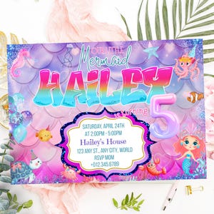 Convite de aniversário para meninas no fundo do mar, convite para festa de sereia, cartão para impressão com tema de oceano, convite de aniversário com ondas de grafite PXHER84
