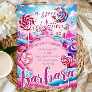 Candyland Geburtstagseinladung, bearbeitbar und druckbar Candyland Party einladen für Mädchen, süßes Candy-Thema Digitale Einladung, Geburtstag PXHER38