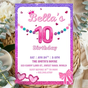 Editable 10th Birthday Invitation Card Doll Invitation Doll Party Pink Purple Sparkle Invite Princess Invitation Kids Tenth Birthday PXHER77