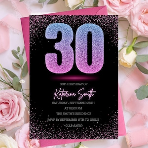Bewerkbare uitnodigingskaart 30e verjaardag 30e verjaardag 30e uitnodiging Cheers to 30 jaar roze en zwarte glitters confetti neon verjaardagskaart pxHER09