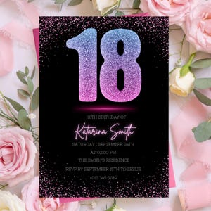Carte d'invitation modifiable pour 18e anniversaire de fille de dix-huit jours, Invitation moderne 18e jour pour fille, chic néon confettis paillettes rose bleu et noir PXHER18