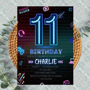 11th Birthday Invitation for Boy | Neon Theme Party Invite | Glow Party | Neon Lights | Teens Invitation | Editable Digital Download PXHIM16