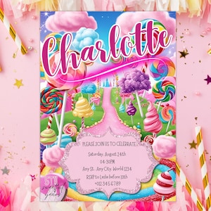 Invitación para el 5.º cumpleaños de Candyland: Tarjeta de fiesta de dulces para niñas: Invitación colorida y divertida: Piruleta y osito de goma PXHER39