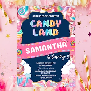 Invito di compleanno Candyland, invito alla festa di Candyland modificabile e stampabile per ragazze, invito digitale a tema Sweet Candy, compleanno PXHER41