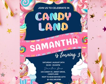 Candyland Geburtstagseinladung, bearbeitbar und druckbar Candyland Party einladen für Mädchen, süßes Candy-Thema Digitale Einladung, Geburtstag PXHER41