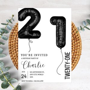 21st Minimalist Birthday Invitation Card Elegant Simple Party Invite Customizable Modern Design Black and White Invitation PXHER68