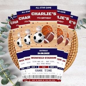 Bewerkbare basketbal All-Star Game verjaardagskaart uitnodiging sport VIP-pas afdrukbare ticket stijl jongensfeest honkbal basketbal TKTXO3