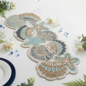 Handmade Coastal Beaded Table Runner, Seashell and Starfish Dining Decor For Special Occasions