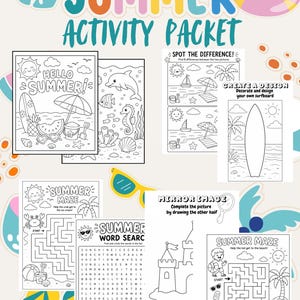 Puede incluir: Un colorido paquete de actividades de verano con el texto "SUMMER ACTIVITY PACKET". El paquete incluye páginas para colorear, laberintos, una búsqueda de palabras y una actividad de diseño de tabla de surf. Las páginas presentan imágenes temáticas de verano.
