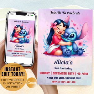 Stitch Birthday Invitation, Cute Stitch Party Invite, Digital Kids Party Invite Stitch Girls Birthday Invite, Stitch and Lilo Birthday Evite