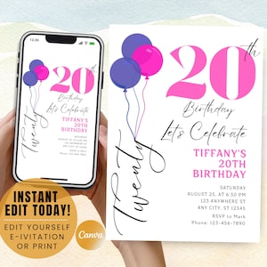 Convite digital para festa de 20 anos, convite de 20 anos para ela, modelo de vinte anos, festa de jantar de vinte anos para mulheres
