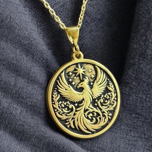Phoenix Necklace, Silver Legendary Rising Pendant, Mythologic Simurg Jewelry, Fire Bird and Star Coin Charm, Birthday Chain, Gift for Him