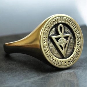 Spiritueel symbool van de oude ring, zilveren zegelring Rosae Crucis, Pinky ring rozenkruisersorde, antieke mysticus Ordo Rosae sieraden