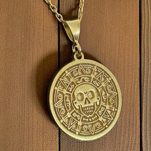 Aztec Coin Necklace, Silver Pirates of The Caribbean Pendant, Skull Medallion Jewelry, Pirate Charm, Gold Gothic Chain, Gift for Him & Her