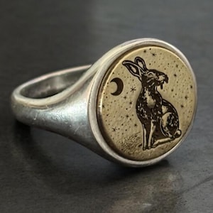 Anillo de conejo, anillo de conejito de plata para el meñique para hombre, joyería de animales, anillo de sello de luna y estrellas para mujer, regalo celestial para él, regalo de conejo africano para ella