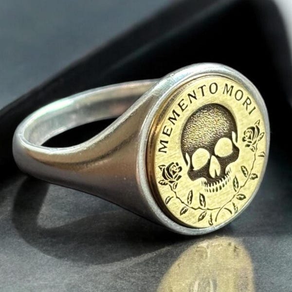Memento Mori Ring, Silver Rose Skull Signet Ring, Memento Vivere Pinky Ring Men, Amor Fati Jewelry Women, Stoic Birthday Gift Him and Her