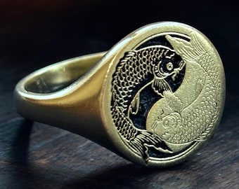 Koi Fish Ring, Japanese Kanji Signet Ring, Pisces Jewelry Women, Ying Yang Transformation Pinky Ring Men, Spiritual Protection Gift Him&Her
