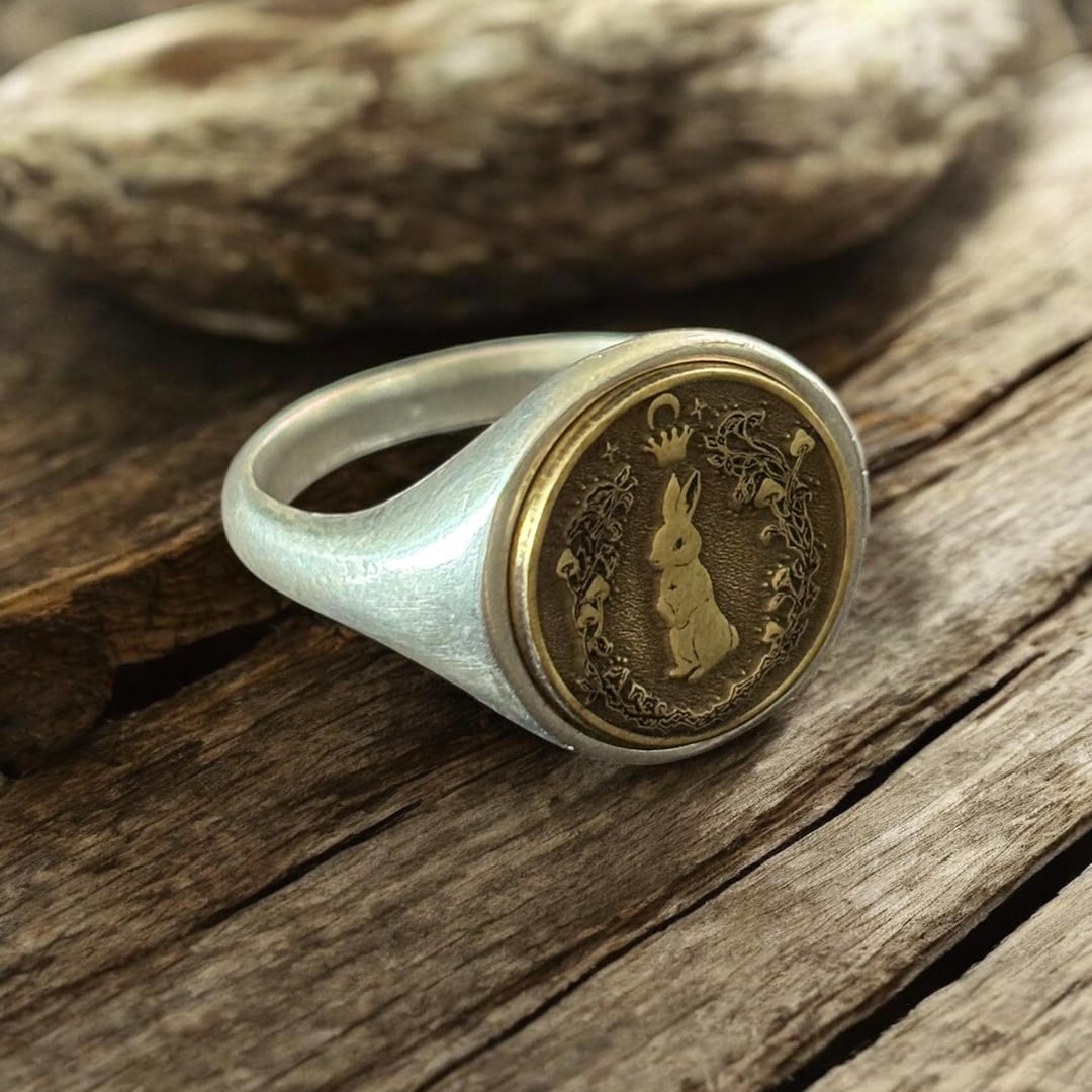 White Rabbit Ring, Silver Floral Signet Ring, Bunny Jewelry Women ...