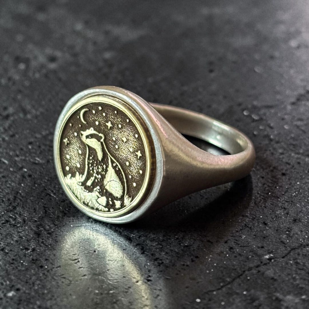 Honey Badger Ring - Silver Moon Badger Signet Ring, Woodland Forest ...