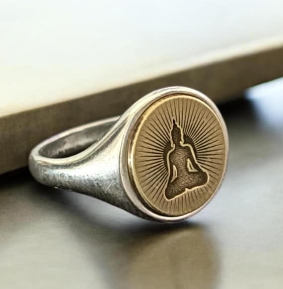 Buddha Ring, Silver Meditative Signet Ring, Sunburst Pinky Ring Men, Spiritual Jewelry Women, Yoga Birthday Gift for Him, Zen Gift For Her