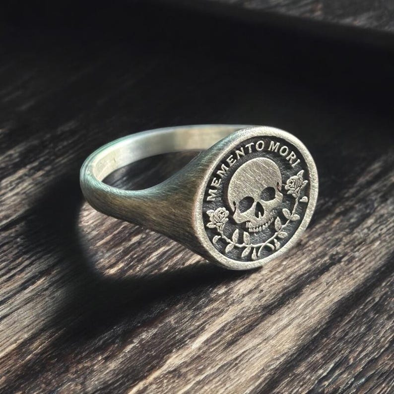 Memento Mori Ring, Silver Rose Skull Signet Ring, Memento Vivere Pinky Ring Men, Amor Fati Jewelry Women, Stoic Birthday Gift Him and Her Oxidized