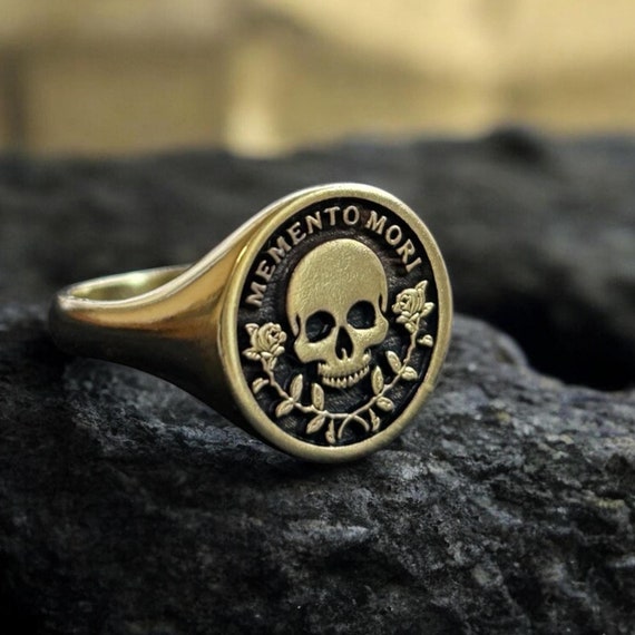 Memento Mori Ring, Silver Rose Skull Signet Ring, Memento Vivere Pinky Ring Men, Amor Fati Jewelry Women, Stoic Birthday Gift Him and Her