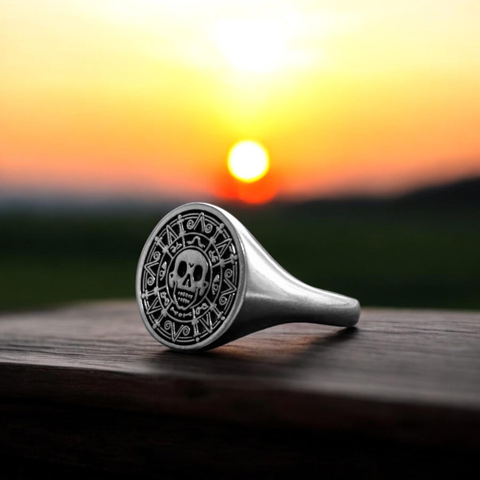 Aztec Coin Ring, Silver Pirate of the Caribbean Signet Ring, Skull ...