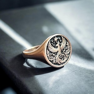 Phoenix Rising Ring Gold Phoenix Ring, Legendary Rising Signet Ring Women, Mythologic Simurg ...