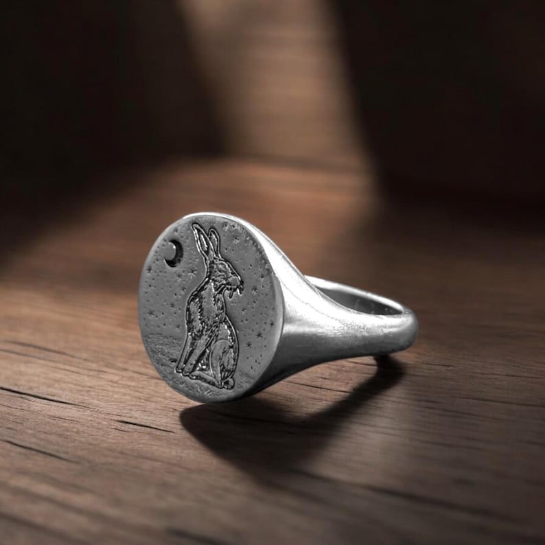 Rabbit Ring, Silver Bunny Pinky Ring Man, Animal Jewelry, Moon and ...