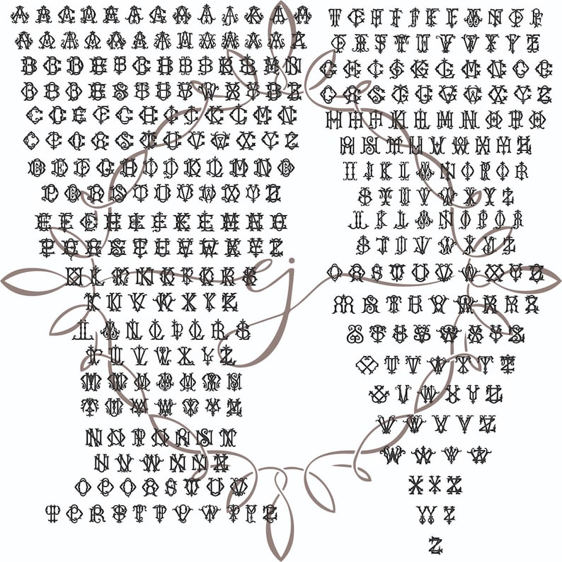 K&ouml;nnte beinhalten: Eine Sammlung verzierter, schwarzer Schriftarten, die in einem Raster angeordnet sind, wobei jeder Buchstabe mehrfach angezeigt wird. Ein dekoratives, braunes Blumendesign umrahmt die Buchstaben, mit einem gro&szlig;en "j" in der Mitte.