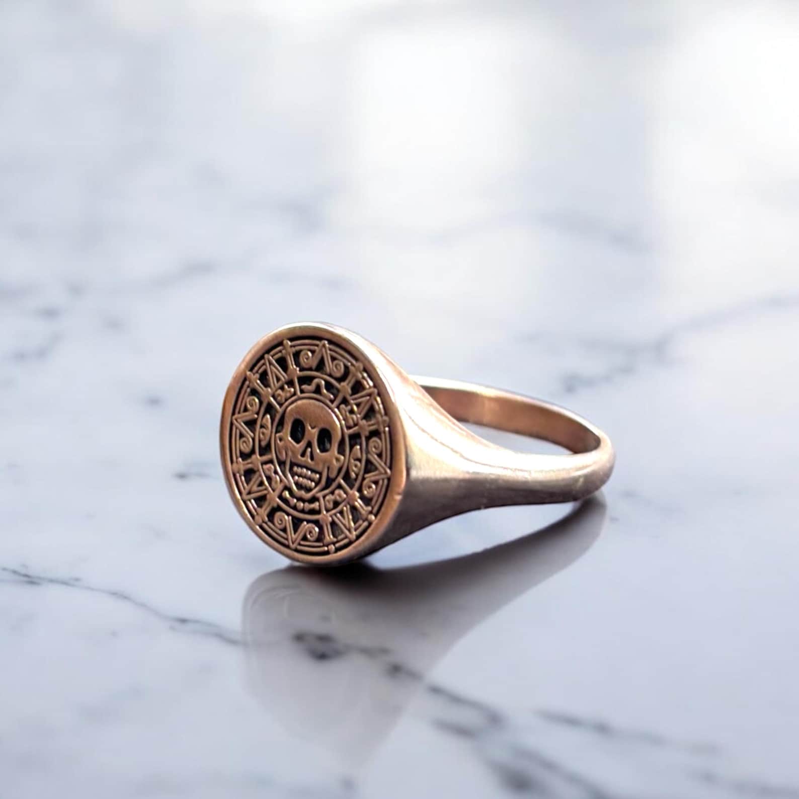 Aztec Coin Ring, Silver Pirate of the Caribbean Signet Ring, Skull ...