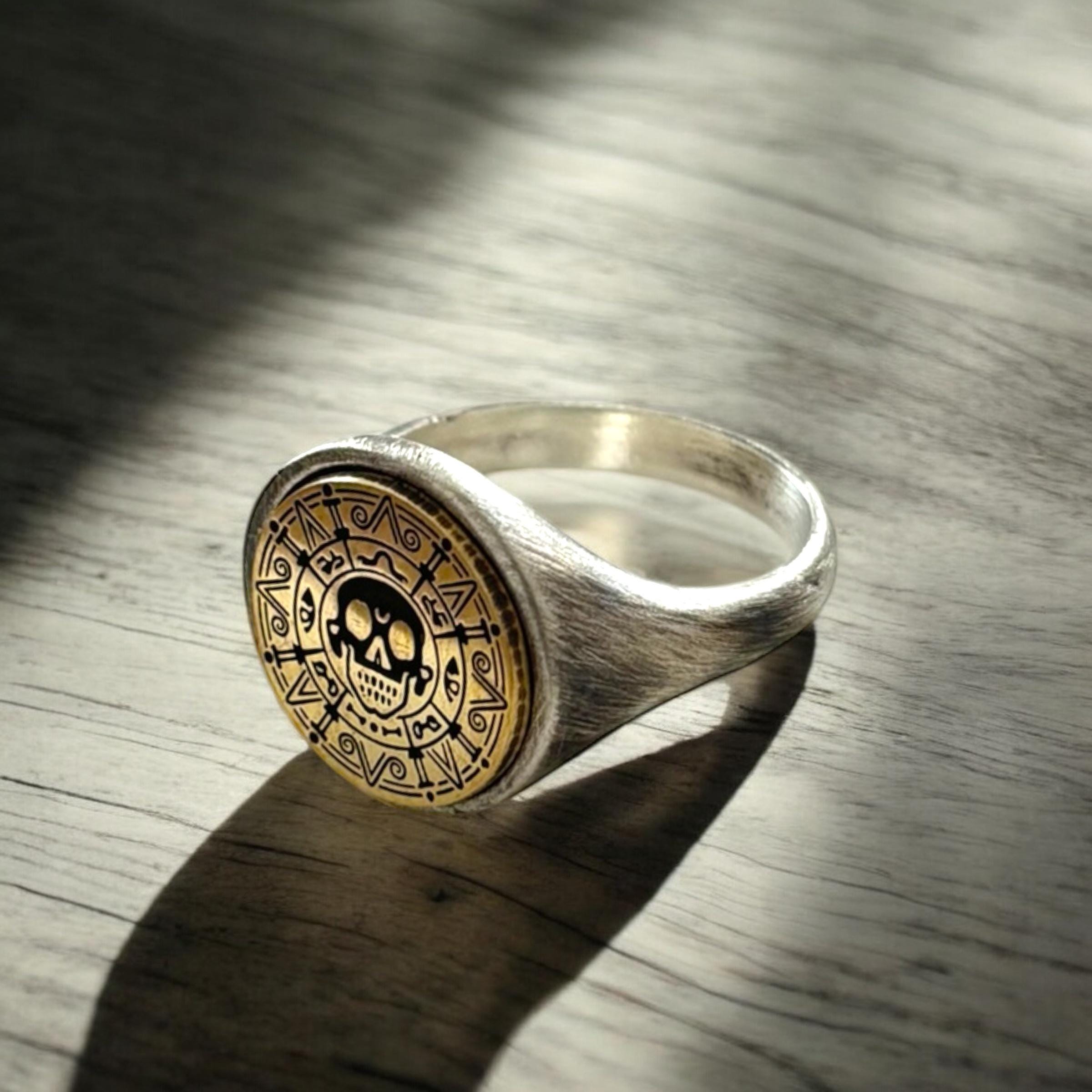 Aztec Coin Ring, Silver Pirate of the Caribbean Signet Ring, Skull ...