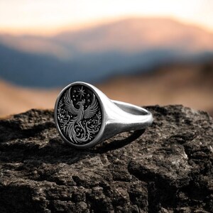 Phoenix Rising Ring Gold Phoenix Ring, Legendary Rising Signet Ring Women, Mythologic Simurg ...