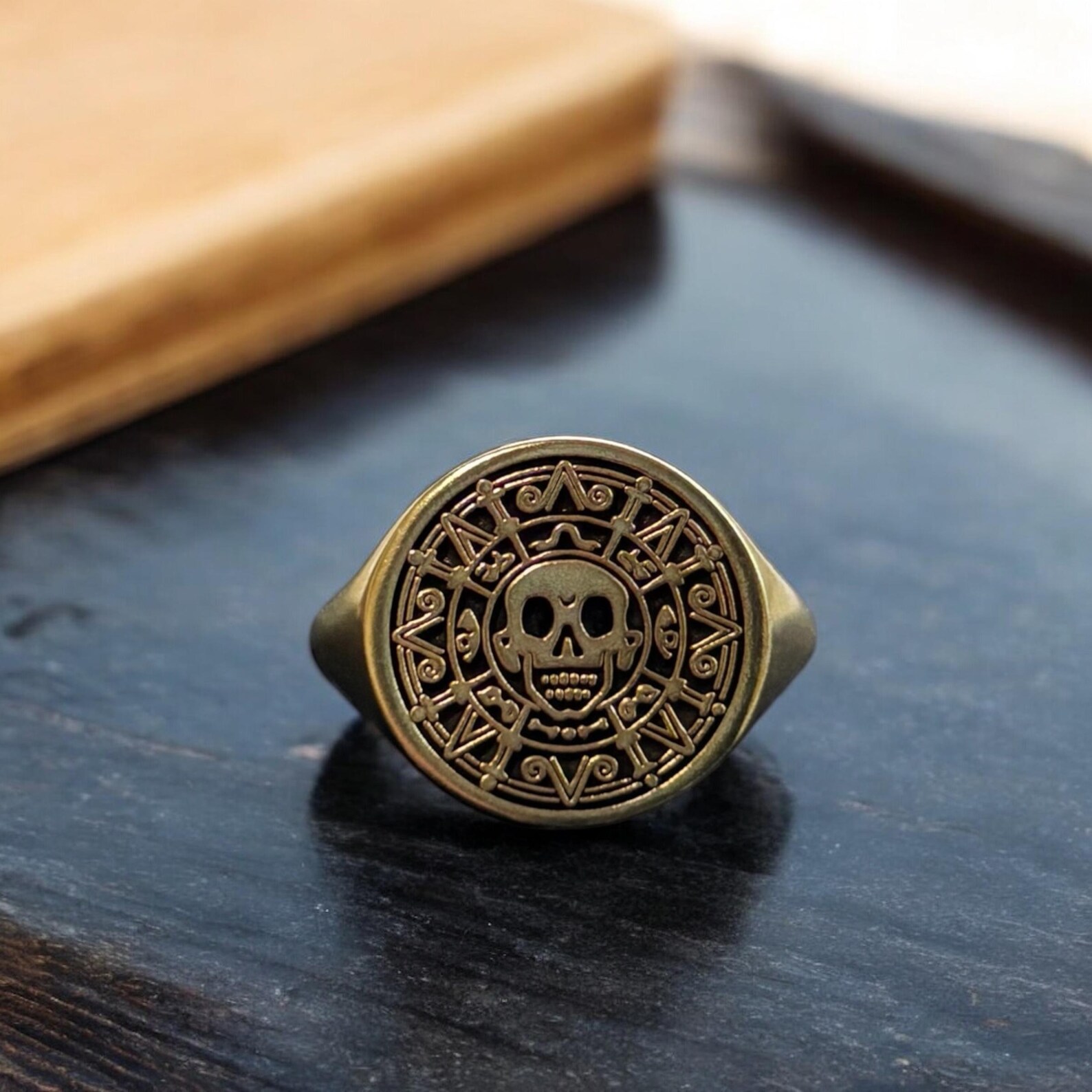 Aztec Coin Ring, Silver Pirate of the Caribbean Signet Ring, Skull ...