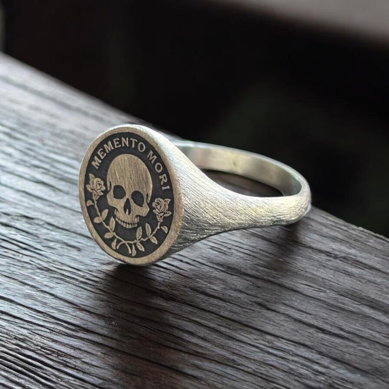 Memento Mori Ring, Silver Rose Skull Signet Ring, Memento Vivere Pinky Ring Men, Amor Fati Jewelry Women, Stoic Birthday Gift Him and Her image 8