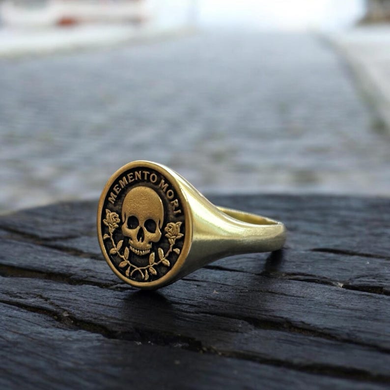 Memento Mori Ring, Silver Rose Skull Signet Ring, Memento Vivere Pinky Ring Men, Amor Fati Jewelry Women, Stoic Birthday Gift Him and Her image 2