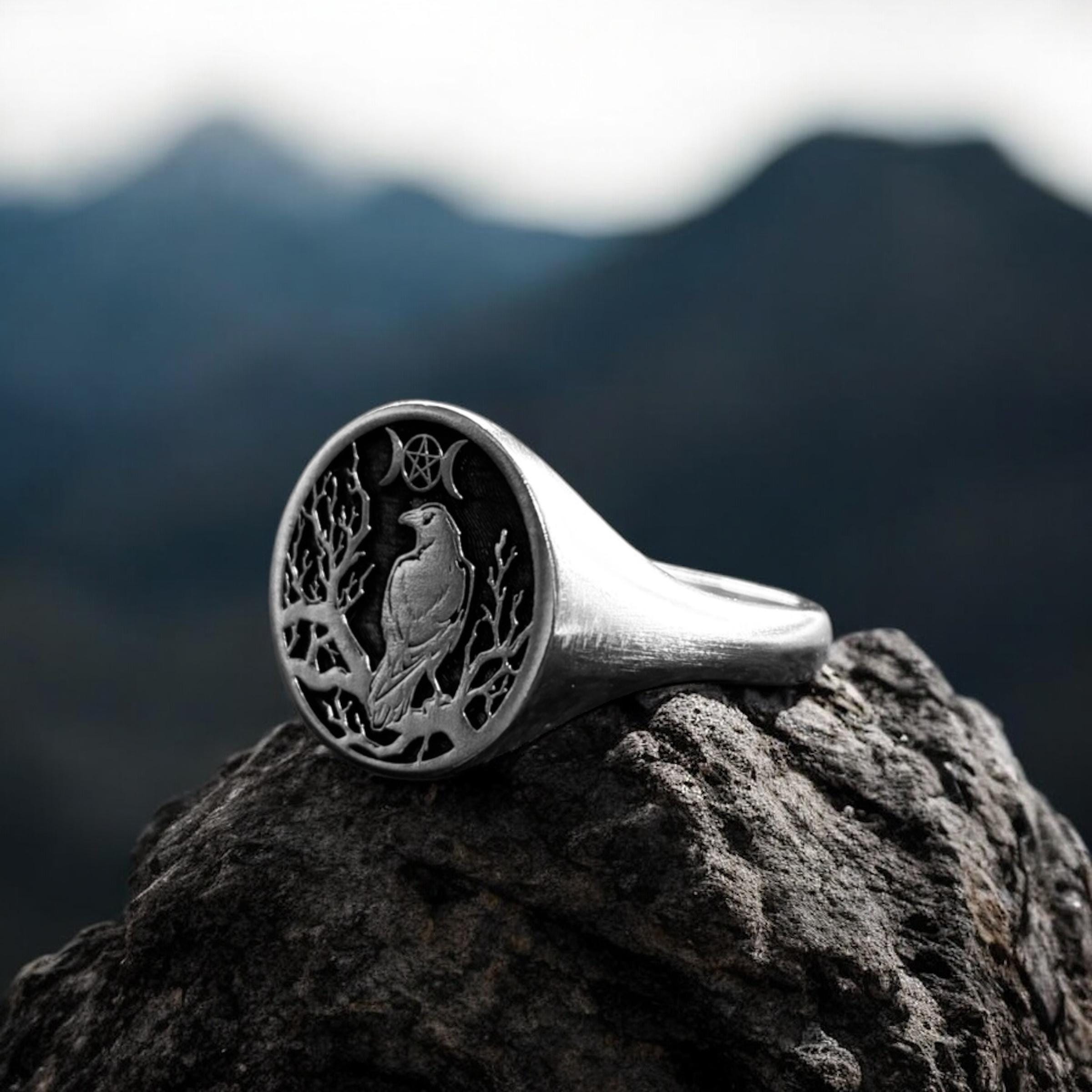 Raven Signet Ring, Crow Silver Pinky Ring, Corvine Gothic Jewelry ...