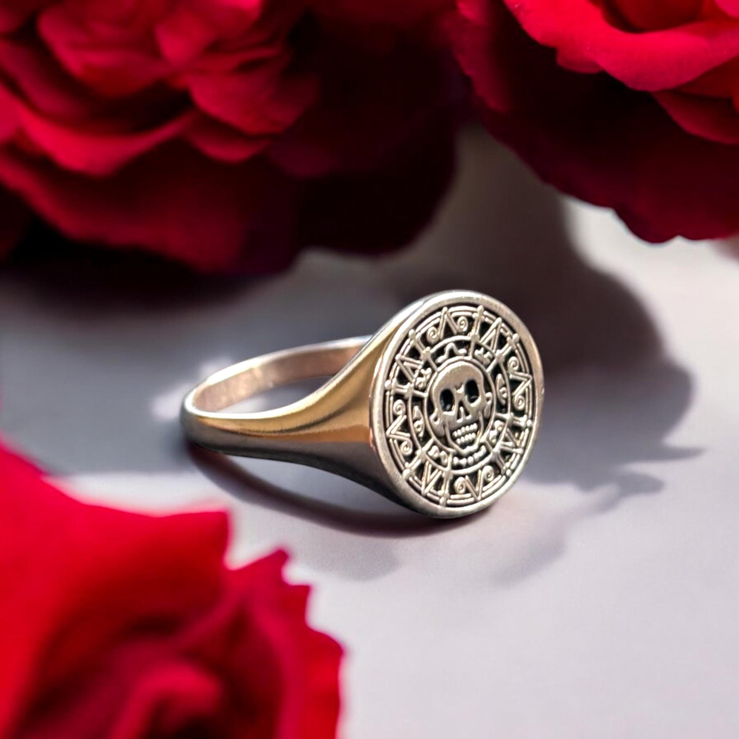 Aztec Coin Ring, Silver Pirate of the Caribbean Signet Ring, Skull ...
