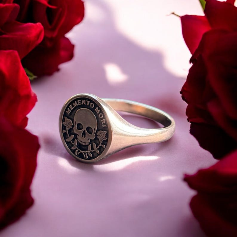 Memento Mori Ring, Silver Rose Skull Signet Ring, Memento Vivere Pinky Ring Men, Amor Fati Jewelry Women, Stoic Birthday Gift Him and Her image 6