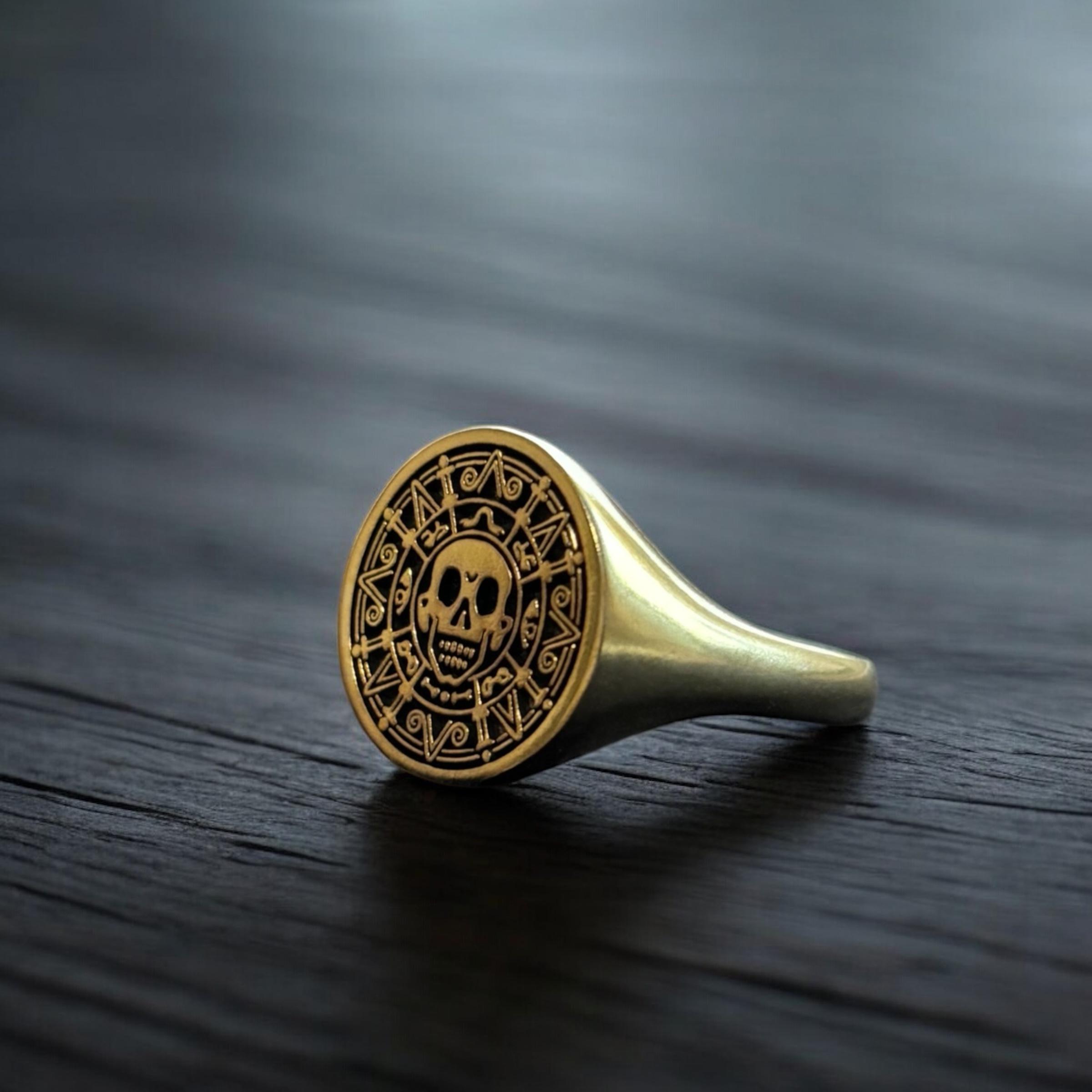 Aztec Coin Ring, Silver Pirate of the Caribbean Signet Ring, Skull ...