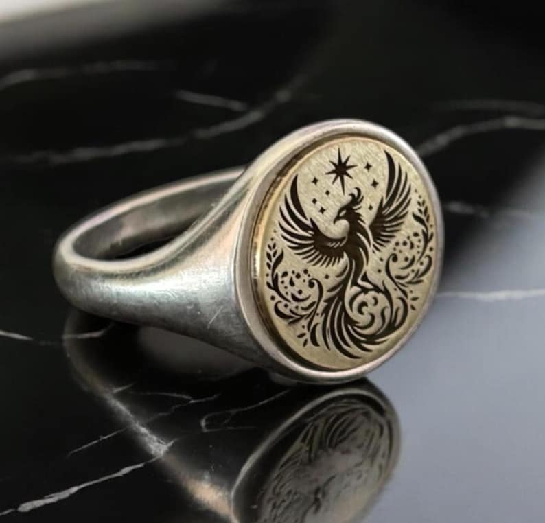 Phoenix Rising Ring Gold Phoenix Ring, Legendary Rising Signet Ring Women, Mythologic Simurg ...