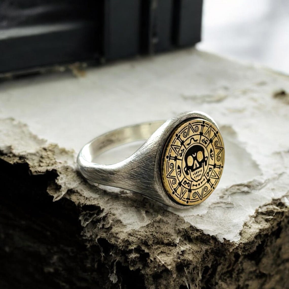 Aztec Coin Ring, Silver Pirate of the Caribbean Signet Ring, Skull ...