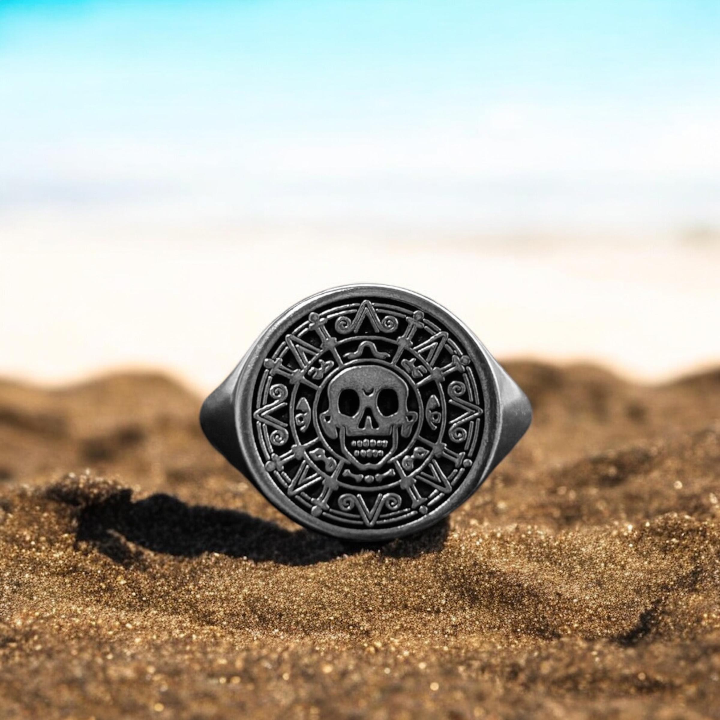 Aztec Coin Ring, Silver Pirate of the Caribbean Signet Ring, Skull ...