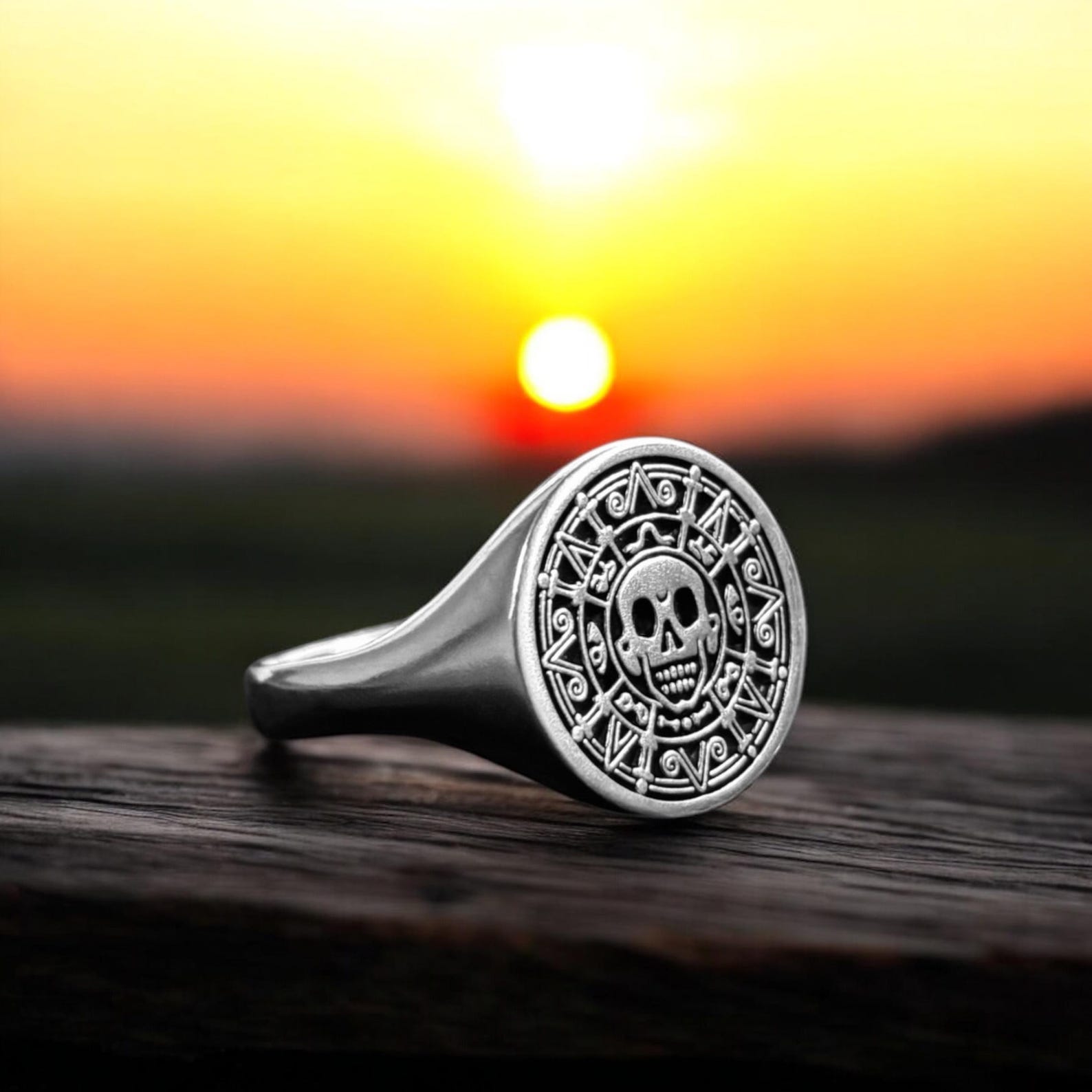 Aztec Coin Ring, Silver Pirate of the Caribbean Signet Ring, Skull ...